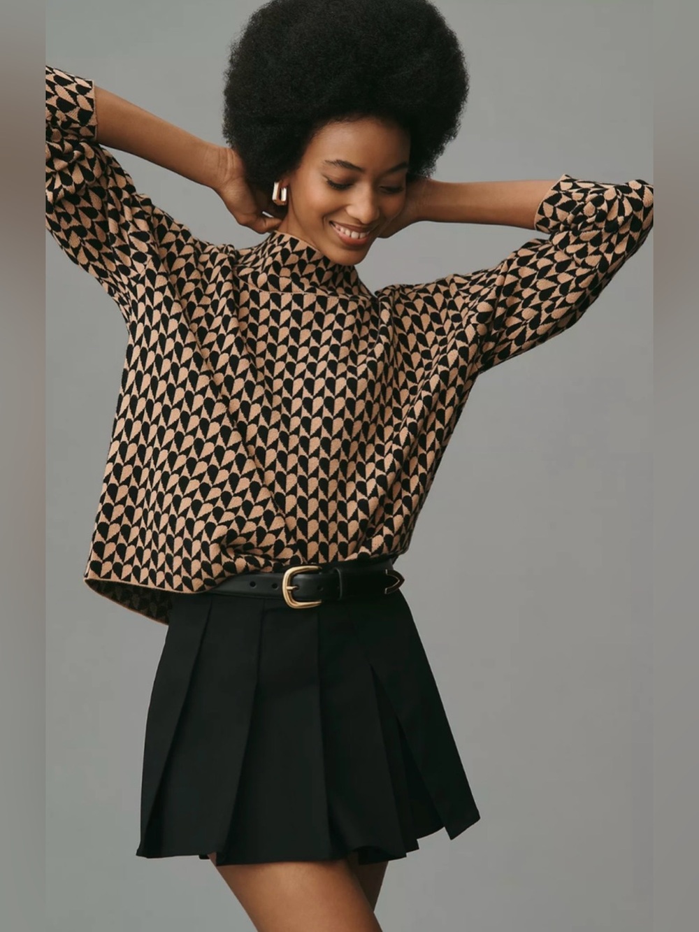 MAEVE Anthropologie Carys Mock Neck Sweater Heart Geometric Tan Black XS